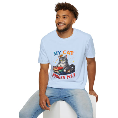 My Cat Judges You t-shirt, cute gray cat on books with glasses illustration, light blue