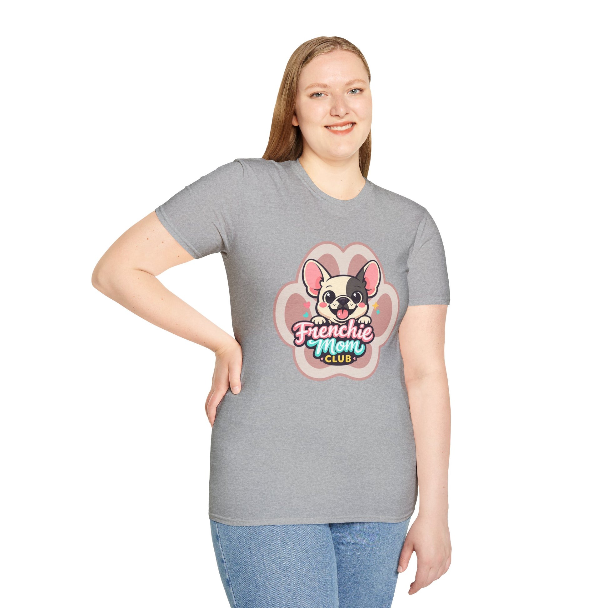 Frenchie mom club t-shirt, cute bulldog illustration, dog lover graphic tee, sport gray