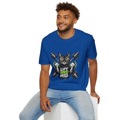 Lift Hard Hiss Harder t-shirt, fitness cat with dumbbells and green accents design, royal