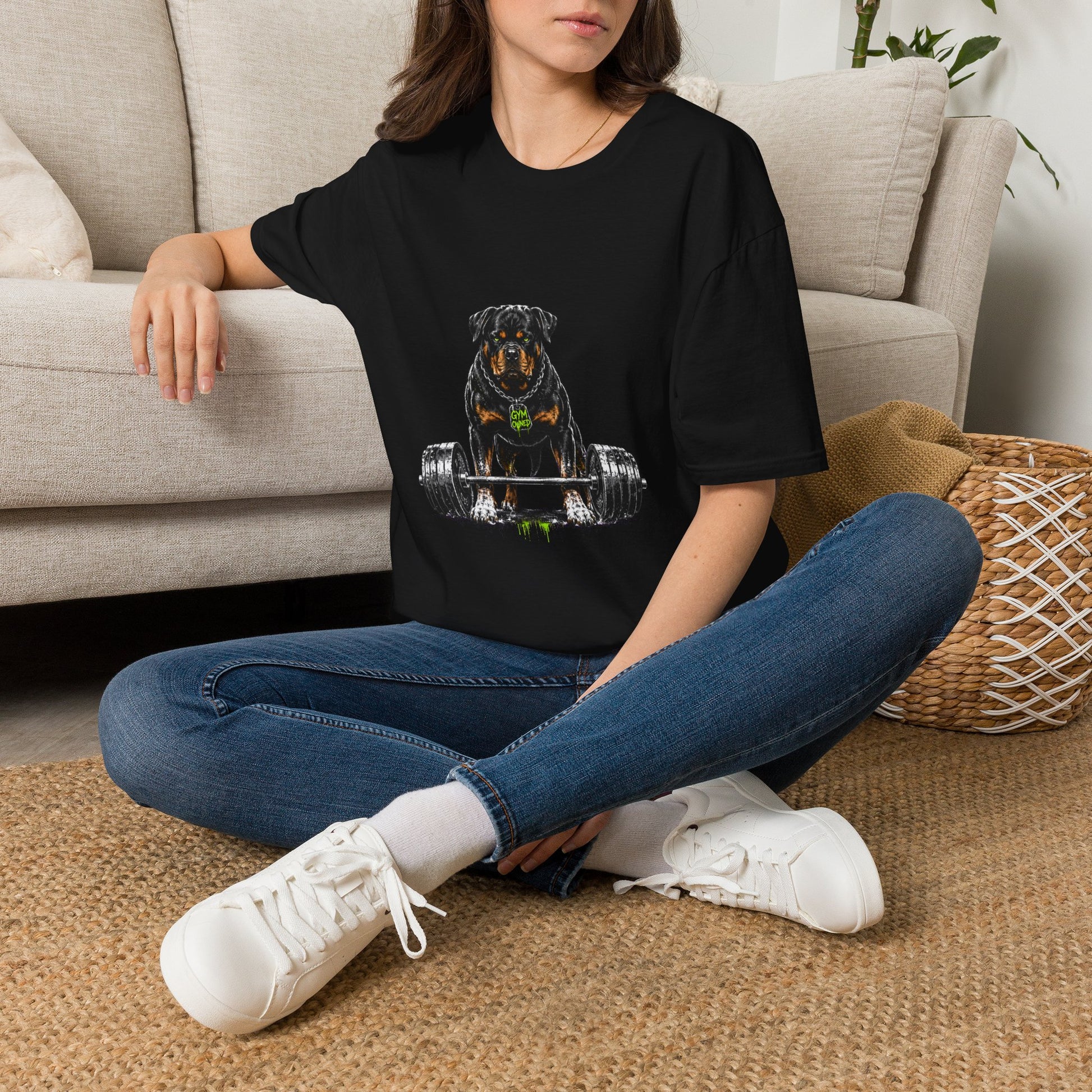 Rottweiler weightlifting t-shirt, strength training dog lover graphic, black