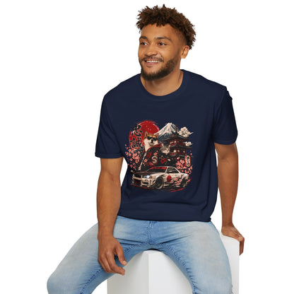 Samurai Shiba Inu and Tabby Cat t-shirt, Japanese street culture artwork with Shiba Inu and tabby cat, navy
