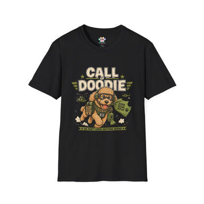 Call of Doodie t-shirt, funny army dog illustration with tactical poodle design, black