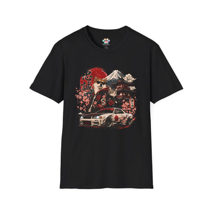 Samurai Shiba Inu and Tabby Cat t-shirt, Japanese aesthetic dog and cat illustration with tuner car, black