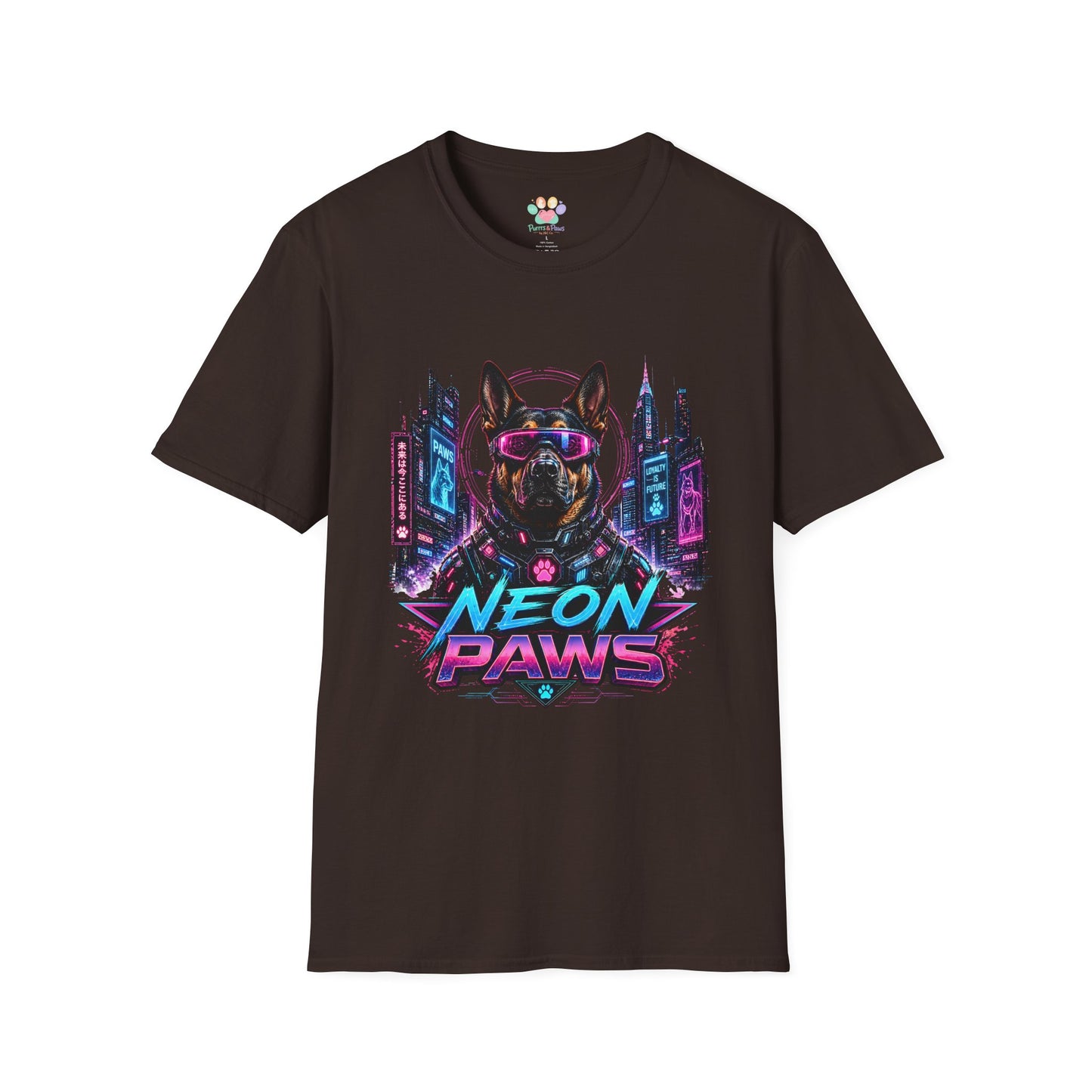 Neon Paws t-shirt, futuristic dog parody design with cyberpunk canine graphic, dark chocolate
