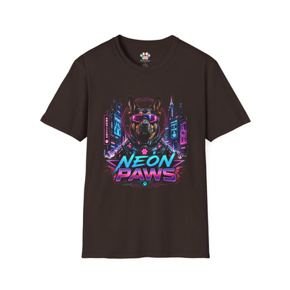 Neon Paws t-shirt, futuristic dog parody design with cyberpunk canine graphic, dark chocolate