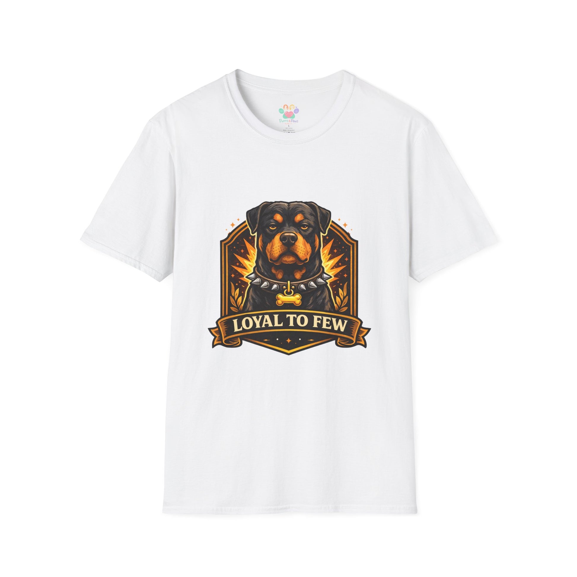 Rottweiler, “Loyal to Few” quote, strong guard dog graphic design, white