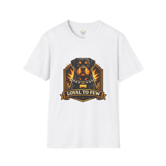 Rottweiler, “Loyal to Few” quote, strong guard dog graphic design, white