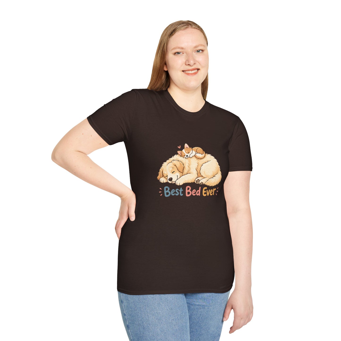 Best Bed Ever t-shirt, cute dog and cat cuddling illustration, dark chocolate