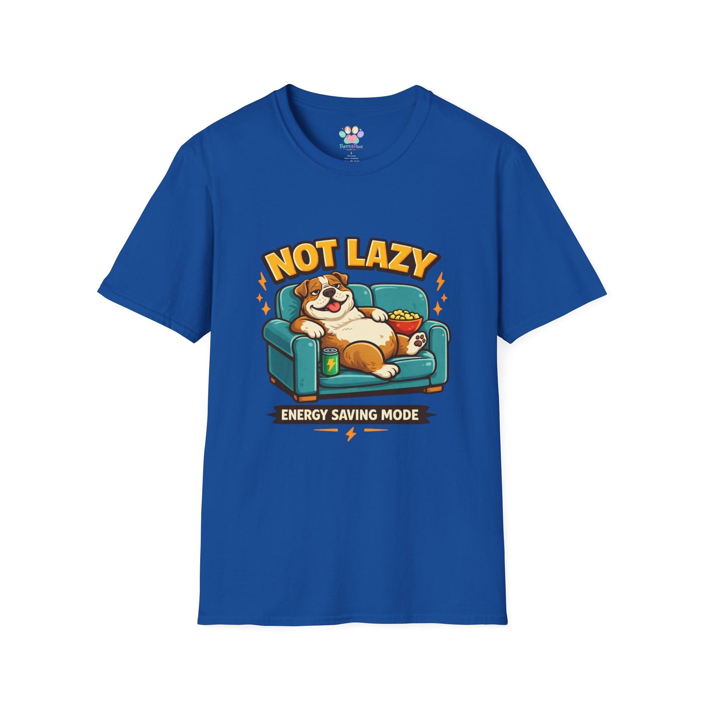 Not Lazy Energy Saving Mode t-shirt, dog relaxing on sofa with snacks illustration, royal blue