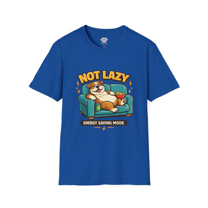 Not Lazy Energy Saving Mode t-shirt, dog relaxing on sofa with snacks illustration, royal blue