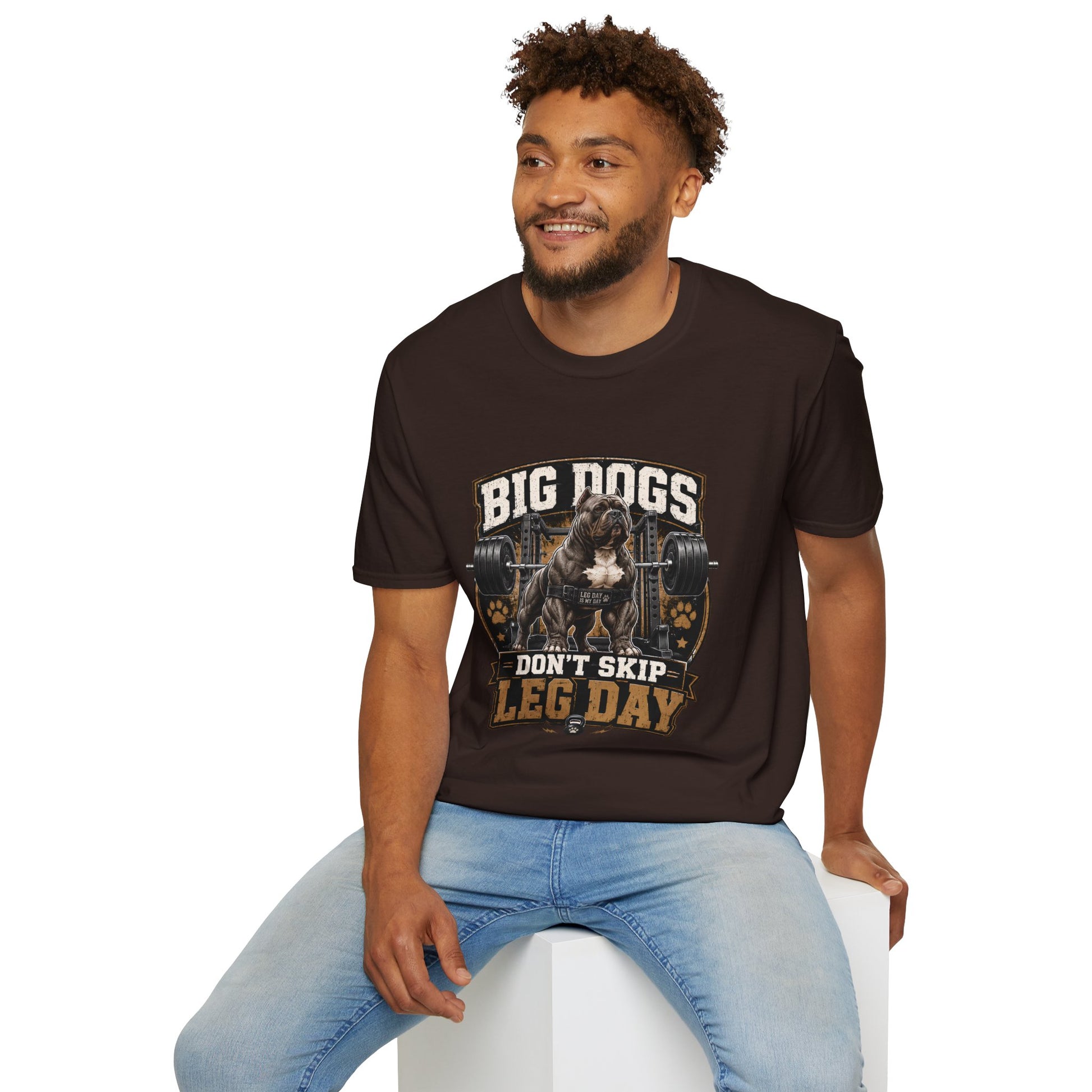 Big Dogs Don’t Skip Leg Day t-shirt, strong bulldog gym workout illustration, dark chocolate