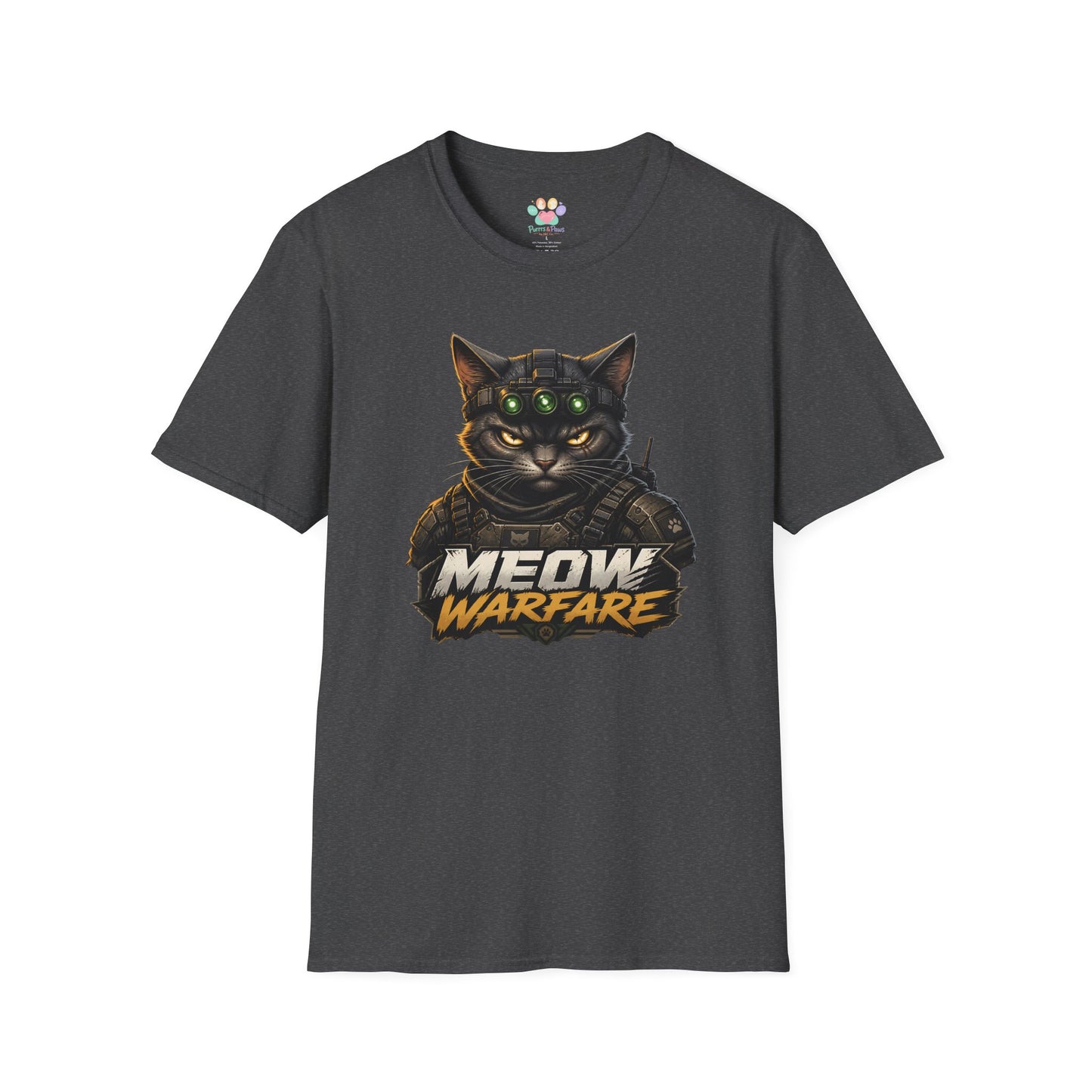 Meow Warfare t-shirt, military humor cat graphic with combat feline artwork, dark heather