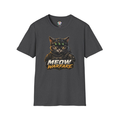 Meow Warfare t-shirt, military humor cat graphic with combat feline artwork, dark heather