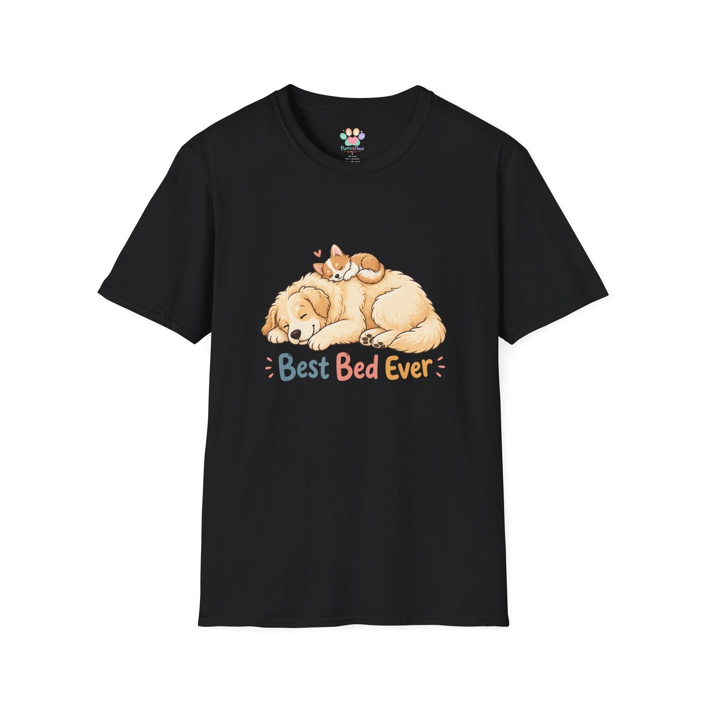 Best Bed Ever t-shirt, sleeping puppy with kitten on back graphic, black
