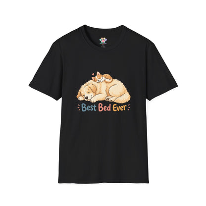 Best Bed Ever t-shirt, sleeping puppy with kitten on back graphic, black