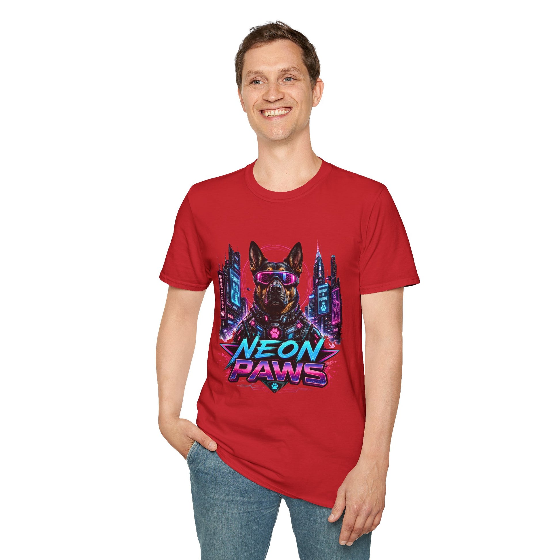 Neon Paws t-shirt, futuristic neon dog design with cyberpunk canine illustration, red