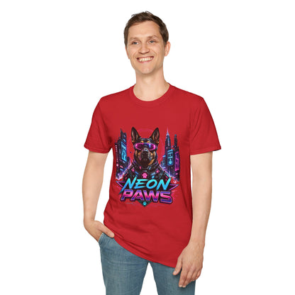 Neon Paws t-shirt, futuristic neon dog design with cyberpunk canine illustration, red
