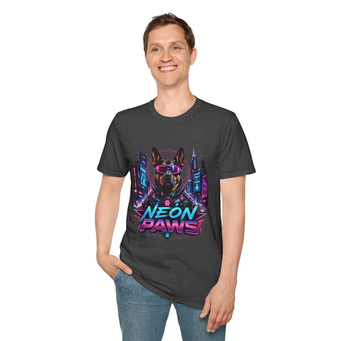 Neon Paws t-shirt, sci-fi neon dog illustration with futuristic canine design, dark heather