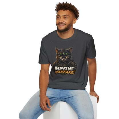 Meow Warfare t-shirt, military humor cat graphic with combat feline artwork, dark heather