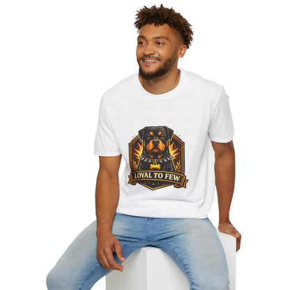Rottweiler, “Loyal to Few” quote, strong guard dog graphic design, white