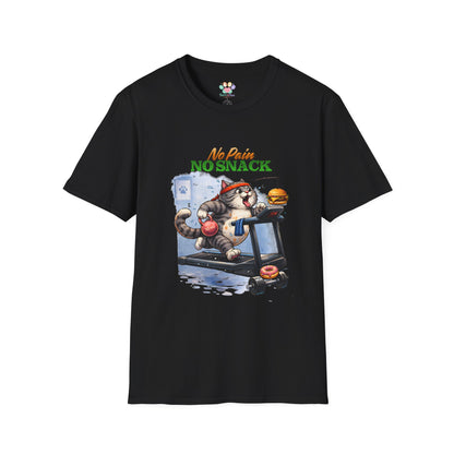 No Pain No Snack t-shirt, treadmill cat with burger and donut design, black