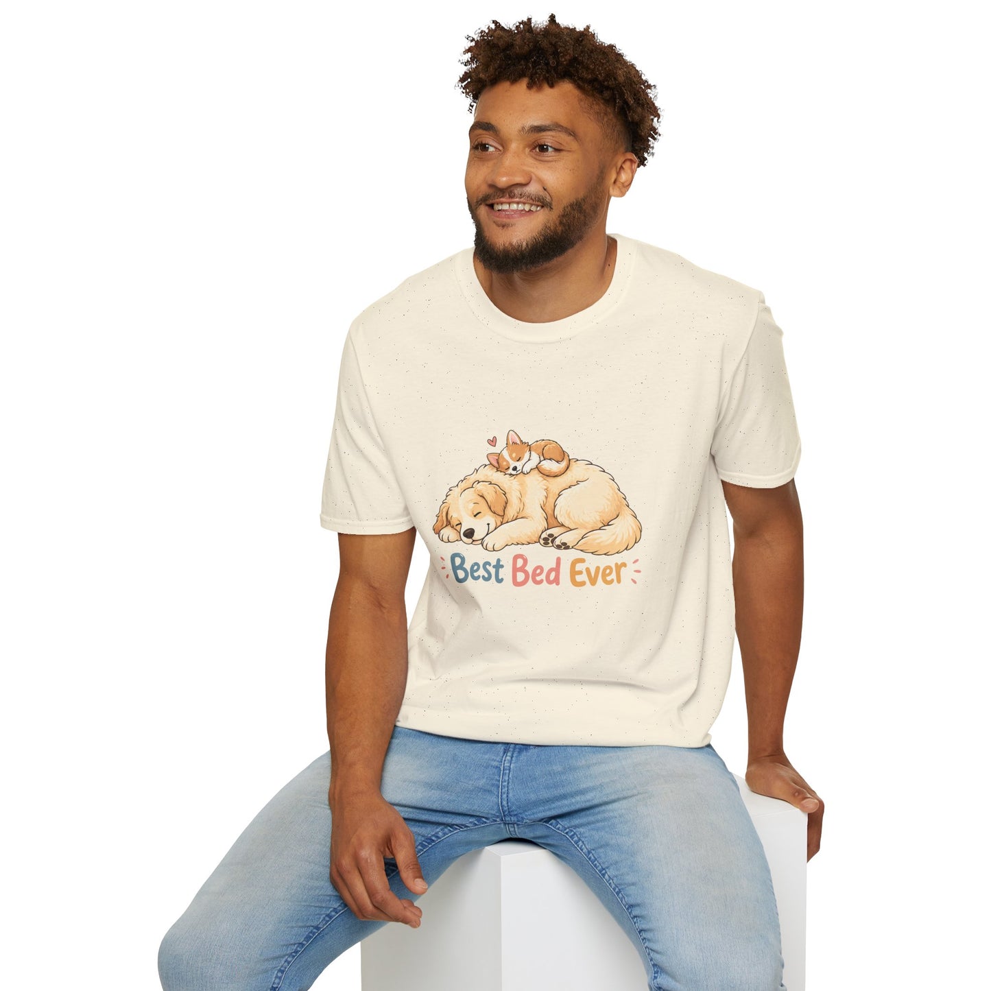 Best Bed Ever t-shirt, cute pet cuddle design with dog and cat, natural