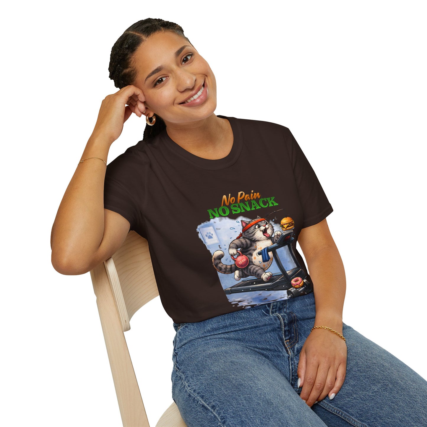 No Pain No Snack t-shirt, treadmill cat with snack illustration, dark chocolate