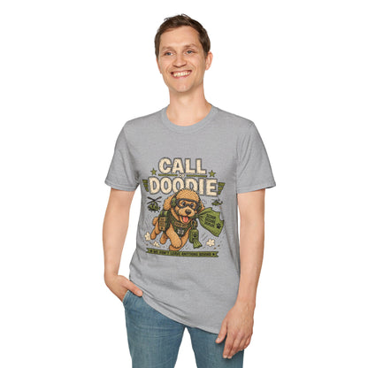 Call of Doodie t-shirt, parody military dog graphic with combat poodle artwork, sport grey