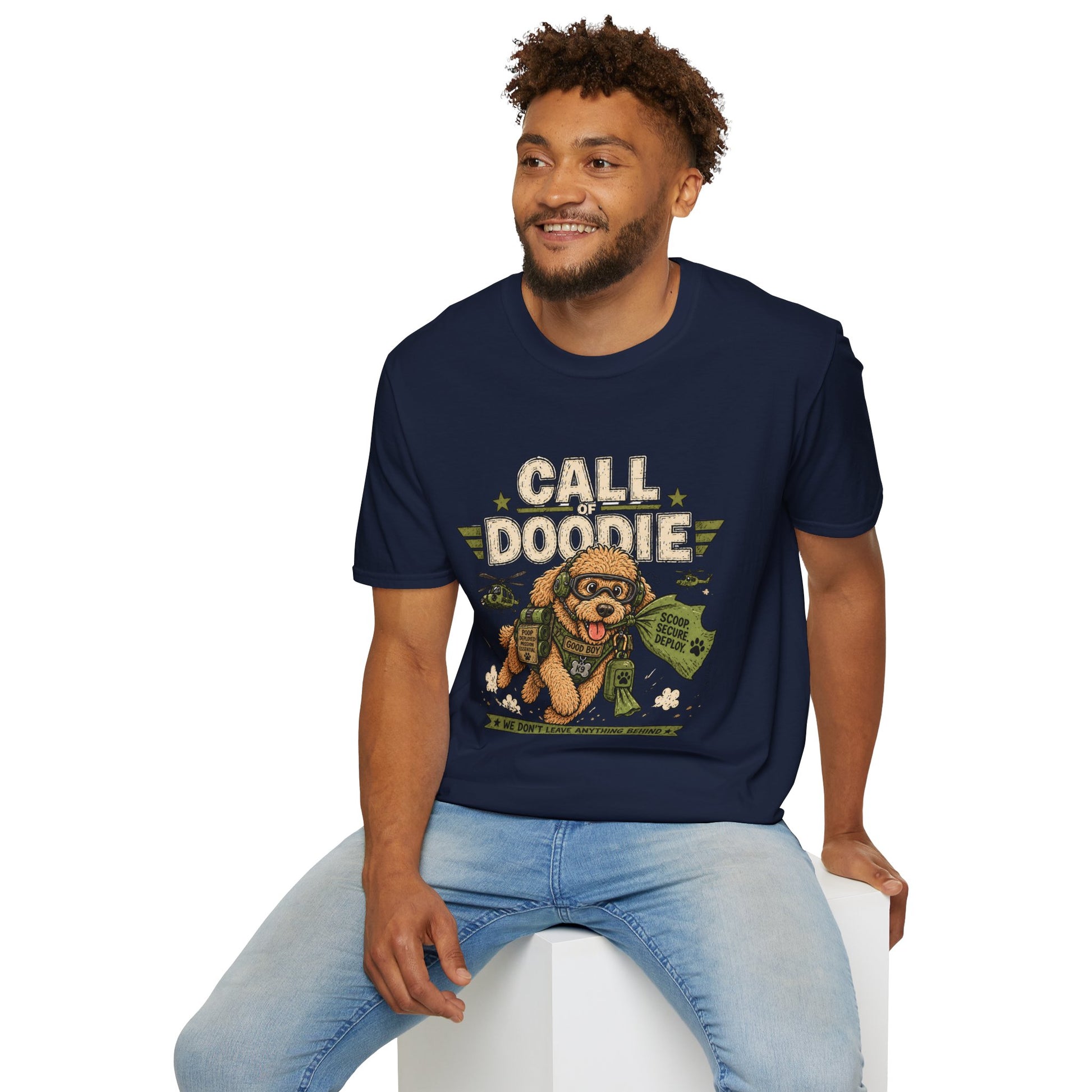 Call of Doodie t-shirt, military parody dog illustration with combat poodle graphic, navy