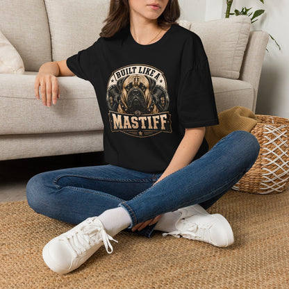 Built Like A Mastiff t-shirt, muscular Mastiff breed artwork with gym weights, black