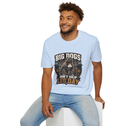 Big Dogs Don’t Skip Leg Day t-shirt, weightlifting dog fitness graphic design, light blue