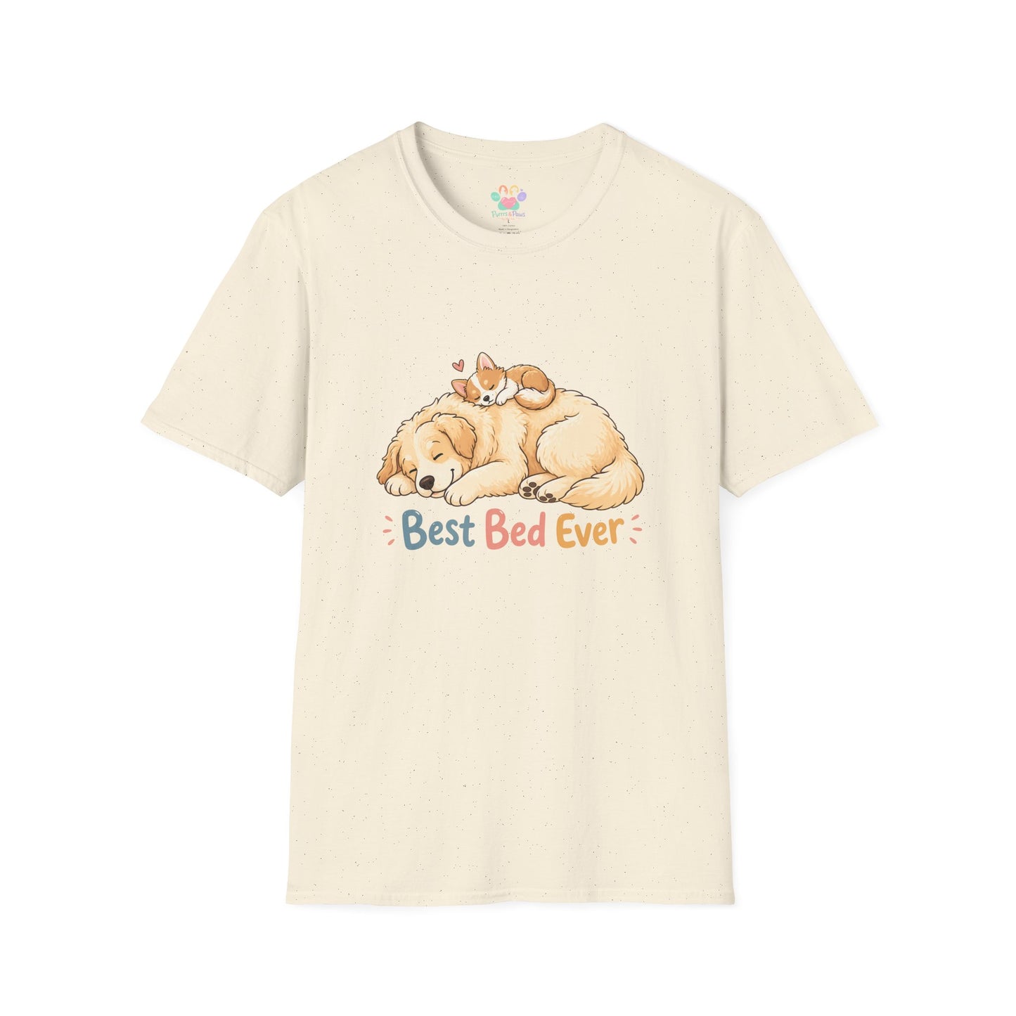 Best Bed Ever t-shirt, cute pet cuddle design with dog and cat, natural