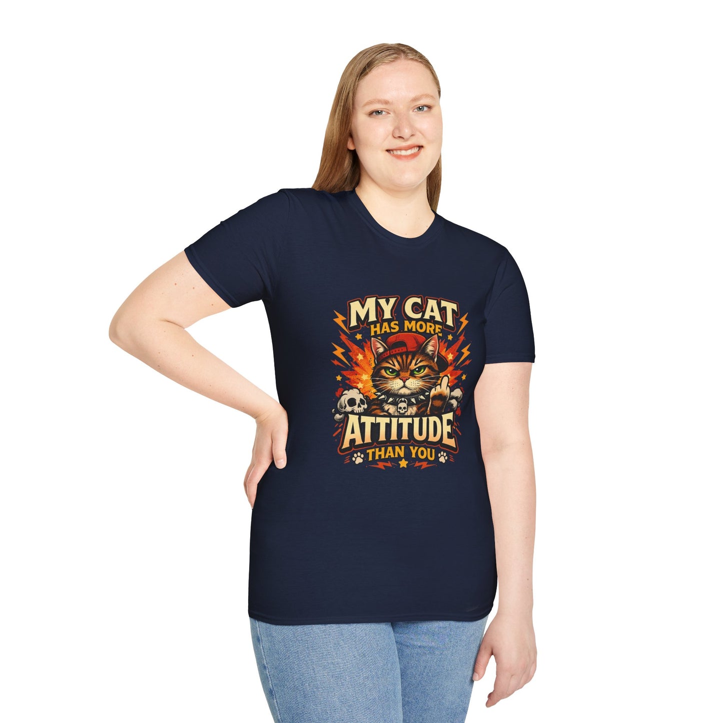Funny cat graphic tee, sarcastic pet quote, grumpy cat design, navy