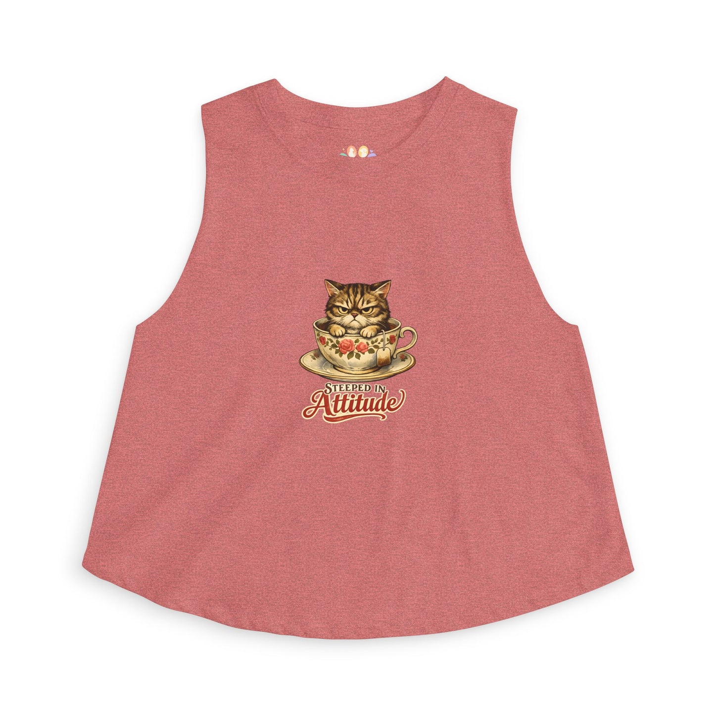 Steeped in Attitude tank top, grumpy cat teacup graphic design, heather mauve