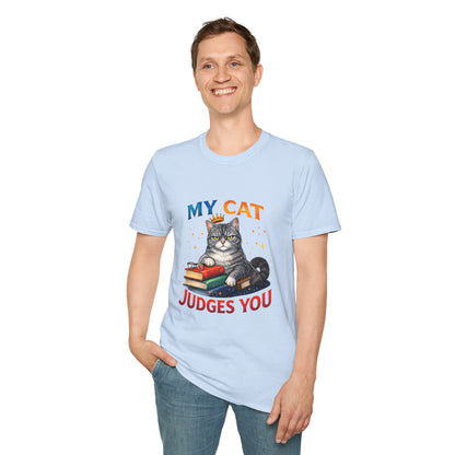 My Cat Judges You t-shirt, cute gray cat on books with glasses illustration, light blue