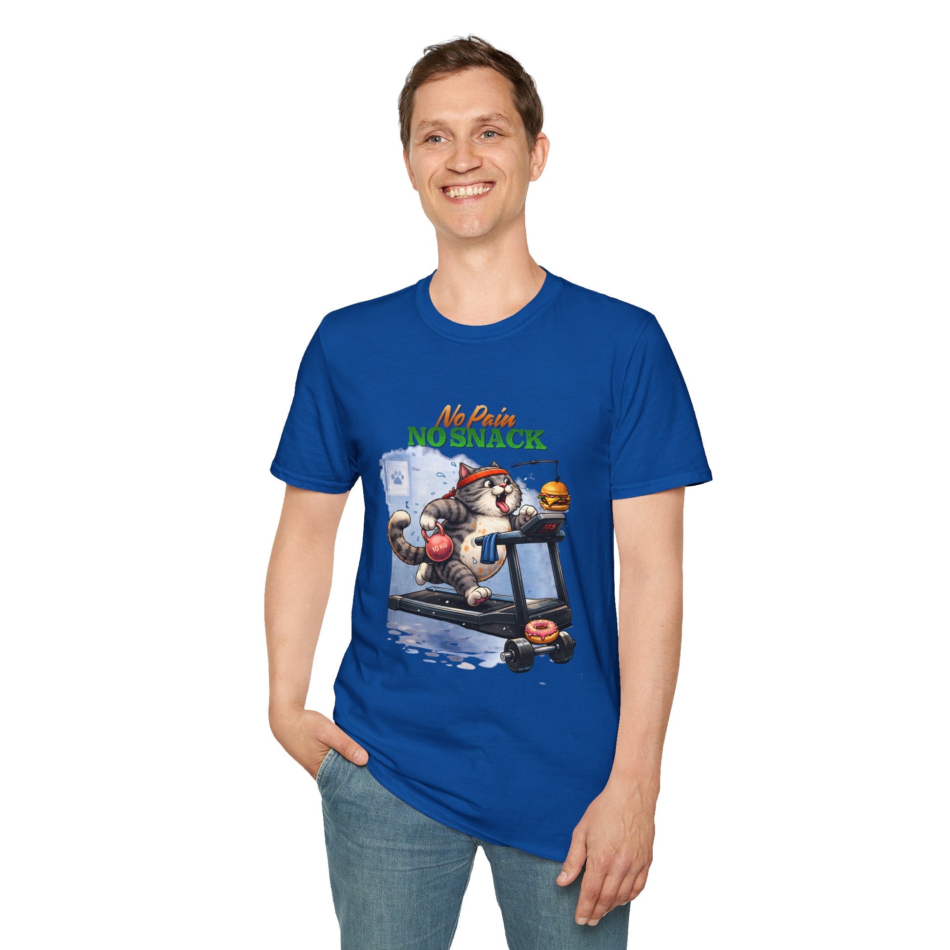 No Pain No Snack t-shirt, running cat with snack illustration, royal blue