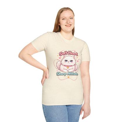 Soft Heart Sharp Attitude cat t-shirt, adorable kitten illustration, funny pet lover quote shirt, natural