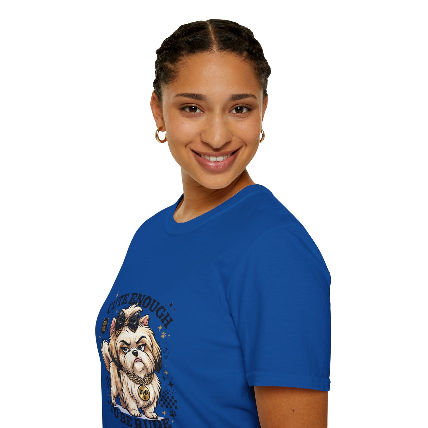 Cute Enough To Be Rude dog t-shirt, sassy puppy with bow and attitude design, royal blue