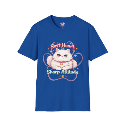 Soft Heart Sharp Attitude cat t-shirt, kawaii fluffy cat design, funny cat lover quote tee, royal blue