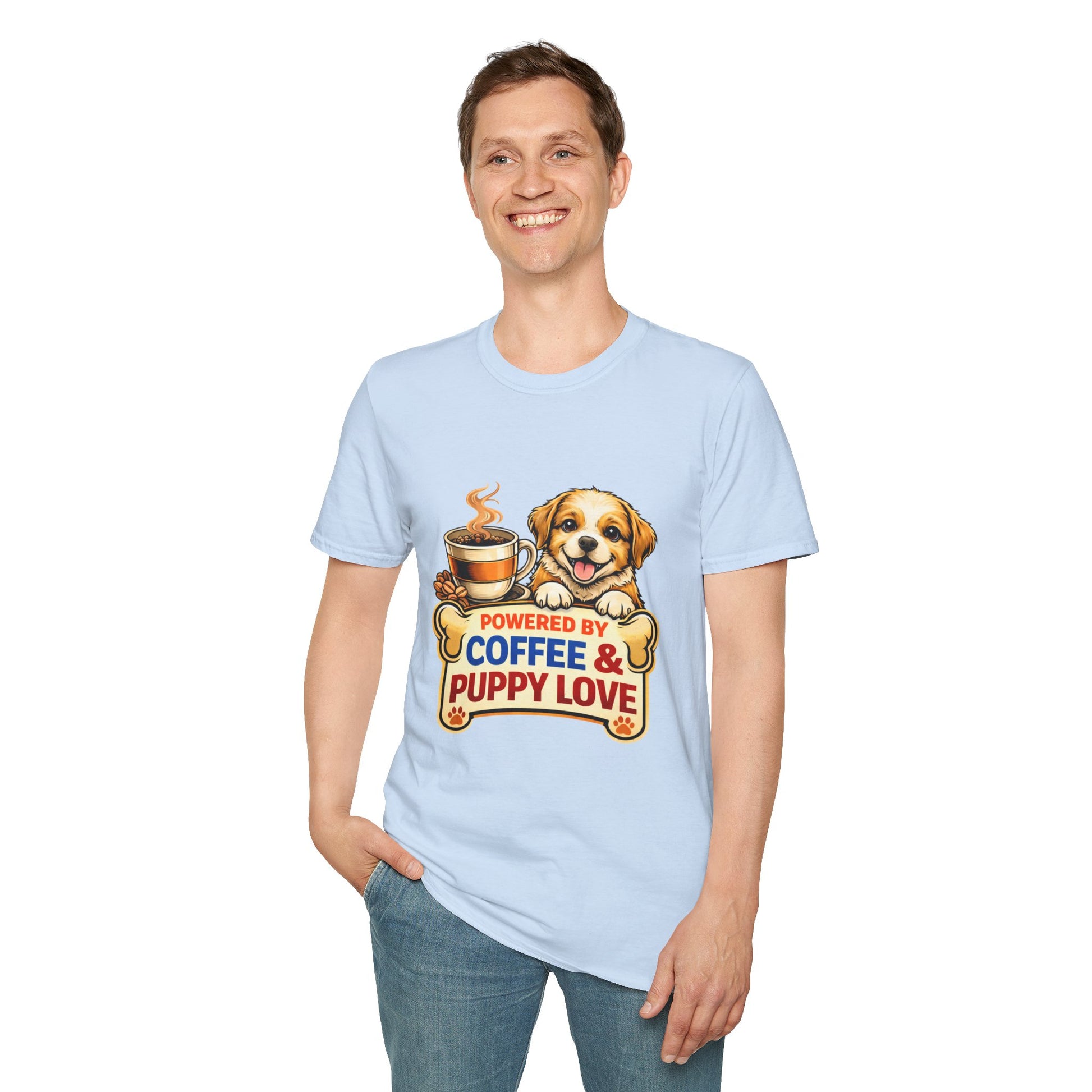 Powered By Coffee & Puppy Love shirt, adorable puppy graphic, coffee lover dog mom tee, light blue