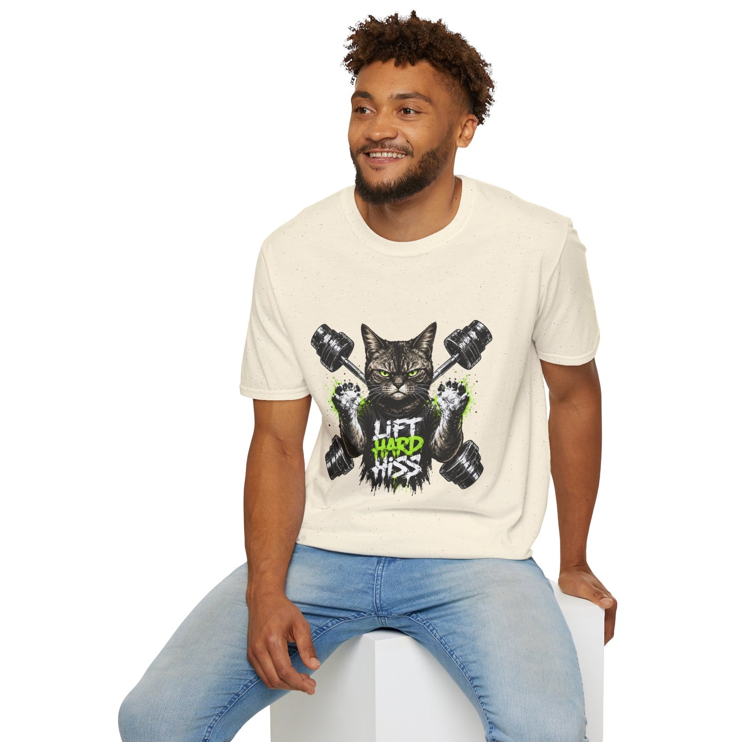 Lift Hard Hiss Harder cat t-shirt, gym enthusiast cat with crossed dumbbells illustration, natural
