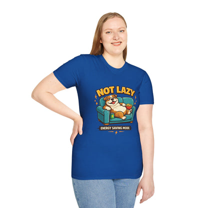 Not Lazy Energy Saving Mode t-shirt, dog relaxing on sofa with snacks illustration, royal blue