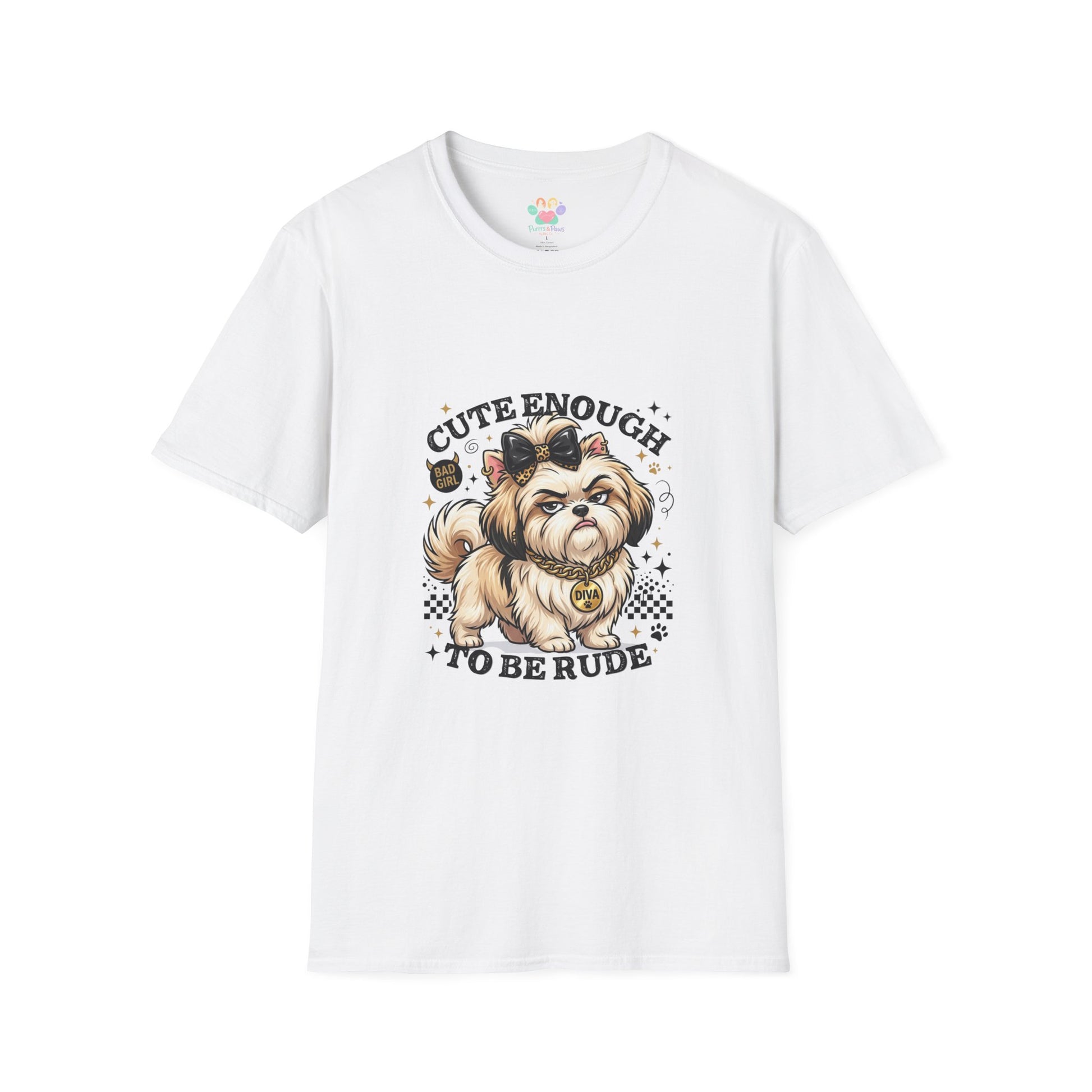 Cute Enough To Be Rude dog t-shirt, sassy small dog with bow and diva tag graphic, white