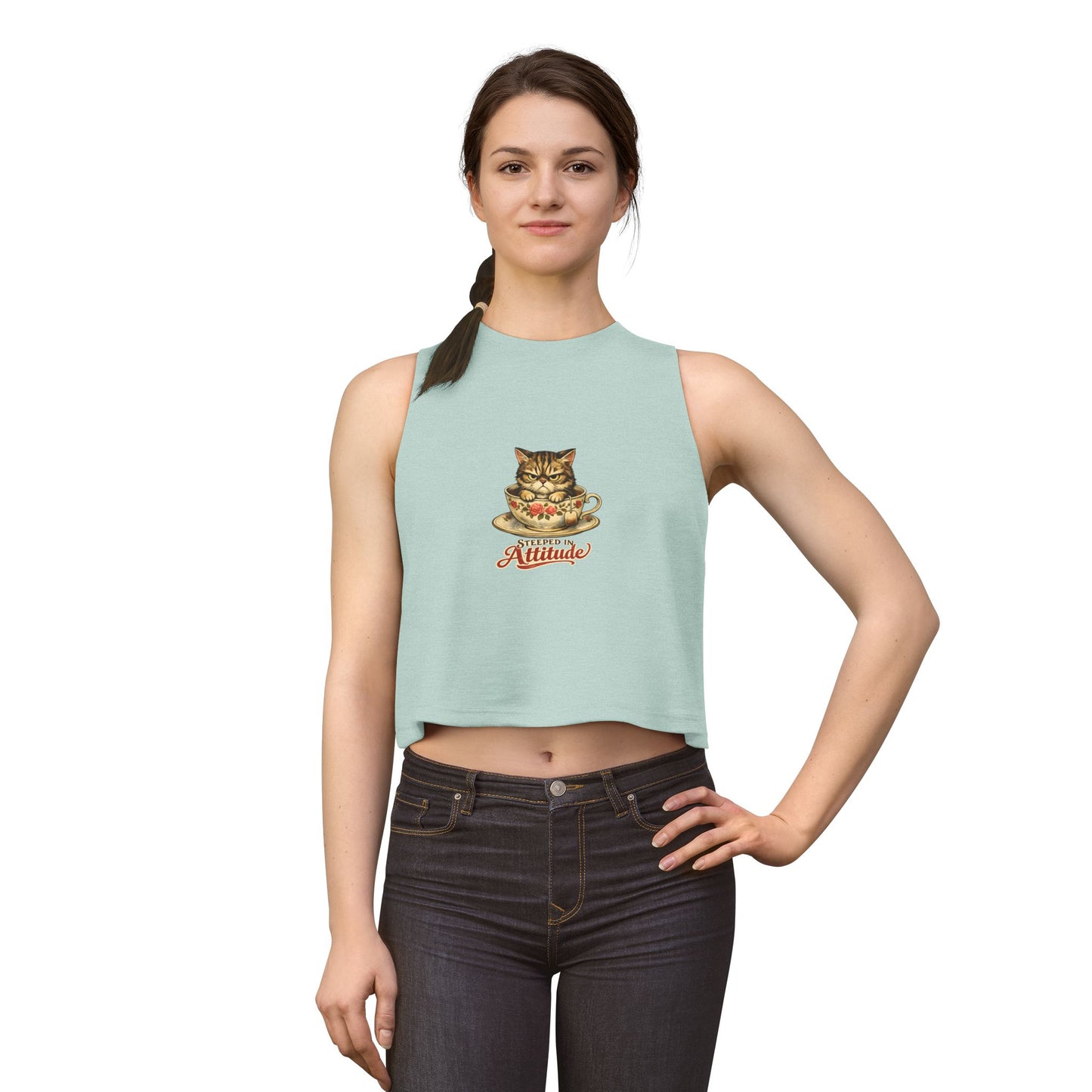 Steeped in Attitude tank top, kitten in teacup illustration, heather dusty blue