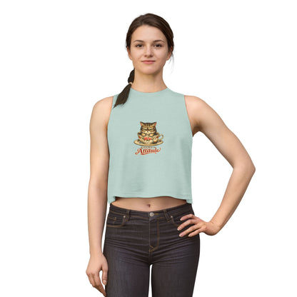 Steeped in Attitude tank top, kitten in teacup illustration, heather dusty blue