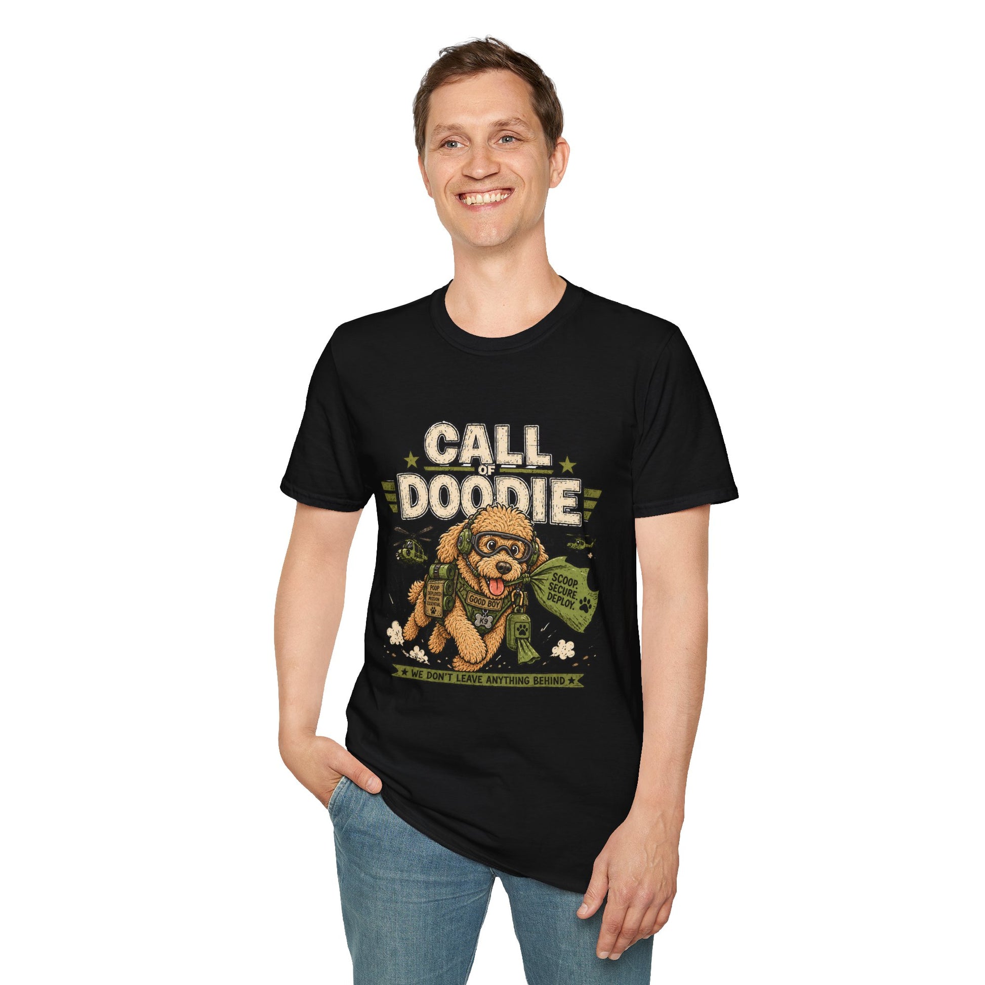 Call of Doodie t-shirt, funny army dog illustration with tactical poodle design, black