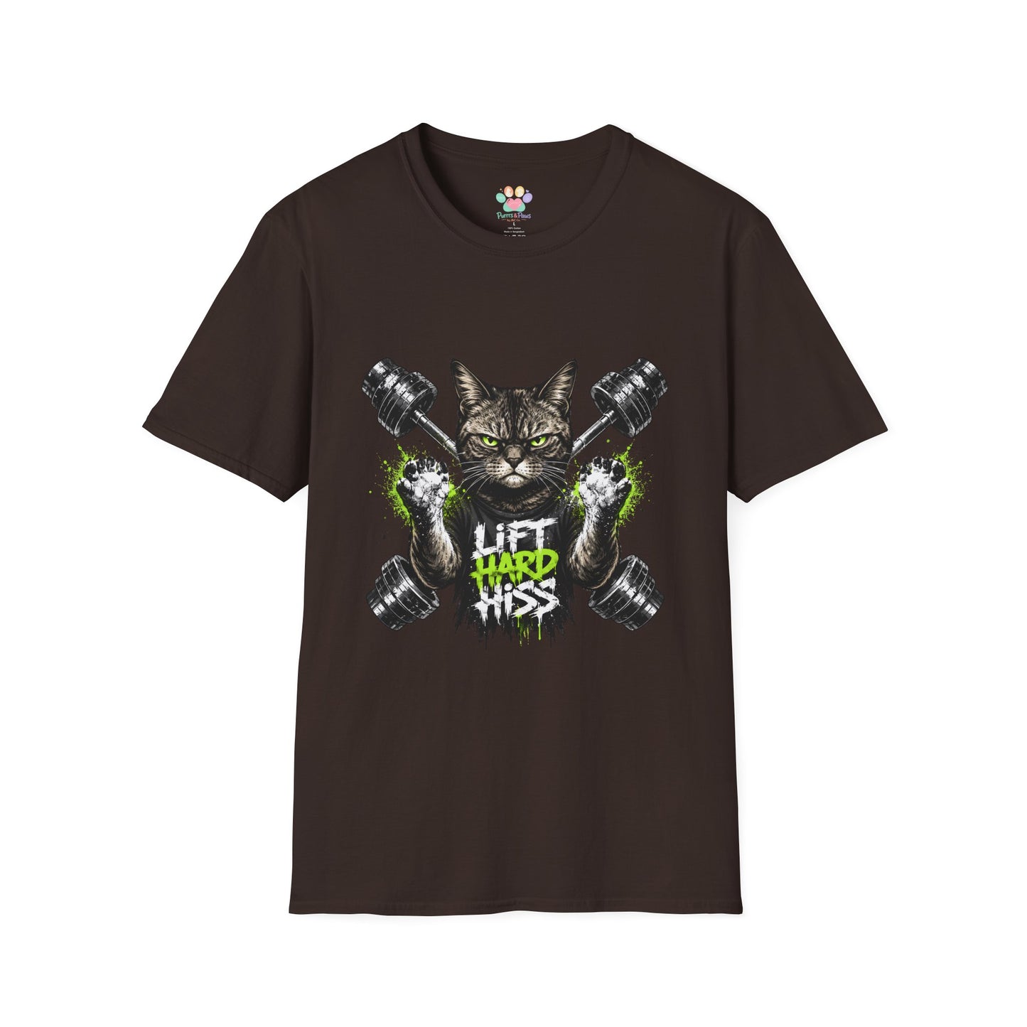 Lift Hard Hiss Harder t-shirt, strong gym cat workout illustration, dark chocolate