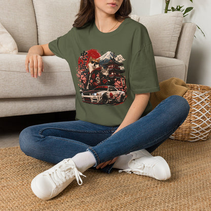 Samurai Shiba Inu and Tabby Cat t-shirt, anime-inspired Shiba Inu and tabby cat graphic design, military green