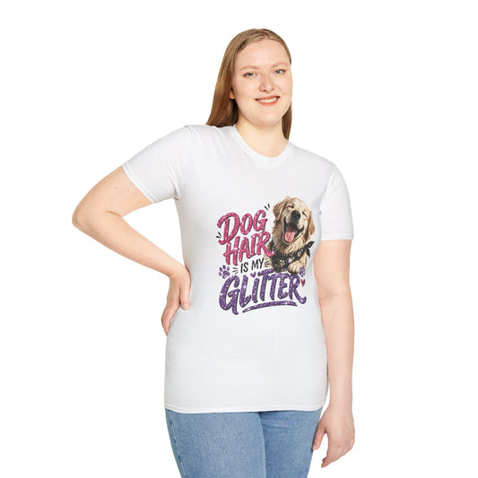 Dog Hair Is My Glitter t-shirt, golden retriever dog graphic with glitter text design, white