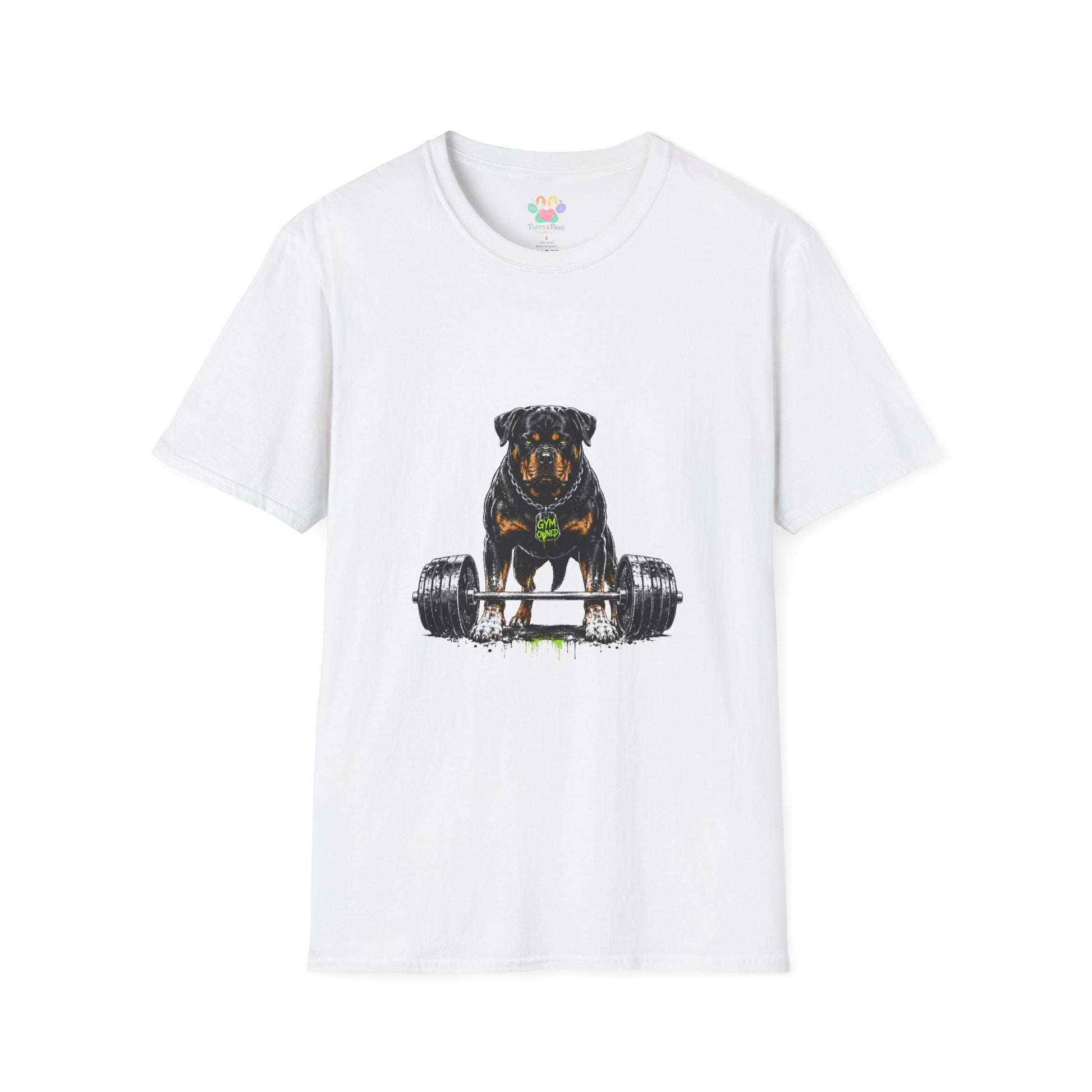 Rottweiler weightlifting t-shirt, strong Rottweiler dog with barbell graphic, white